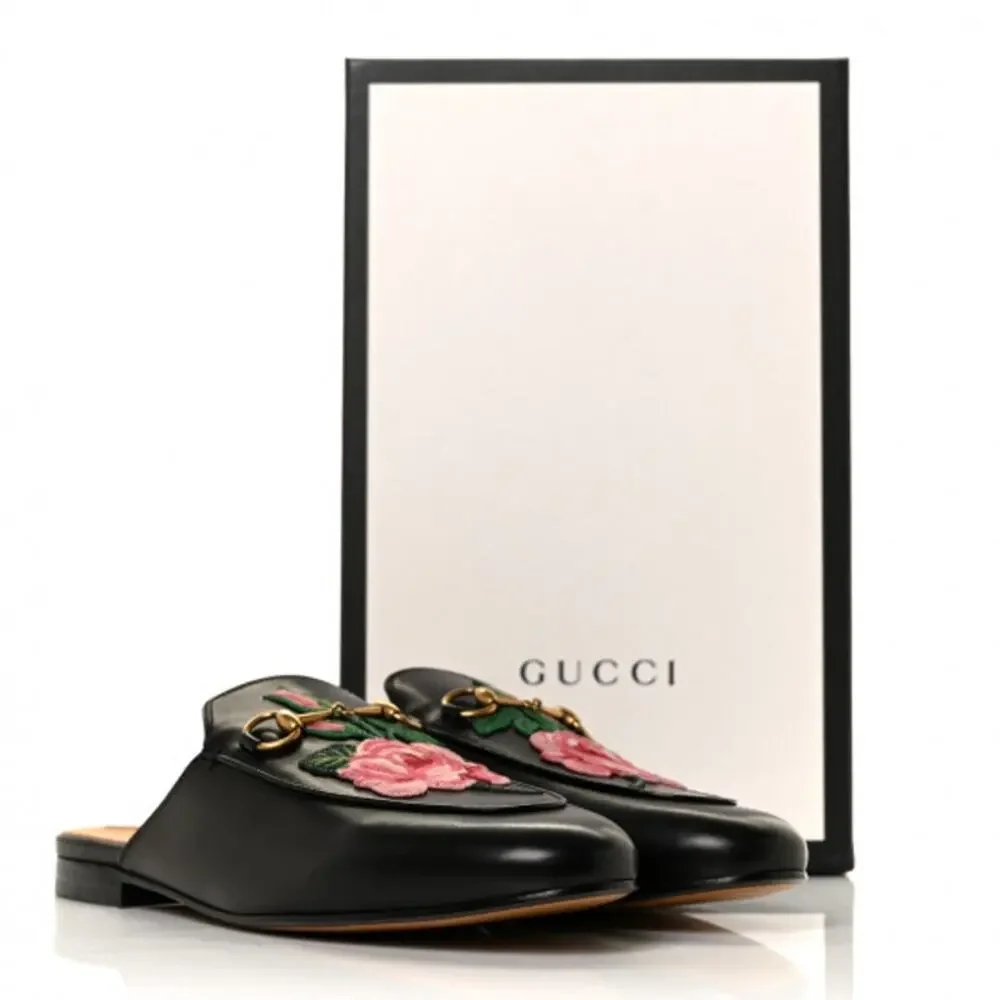 GUCCI Princetown Leather Mules Enbroidered Floral Horsebit Flats Sz. 36 NEW - Picture 2 of 12